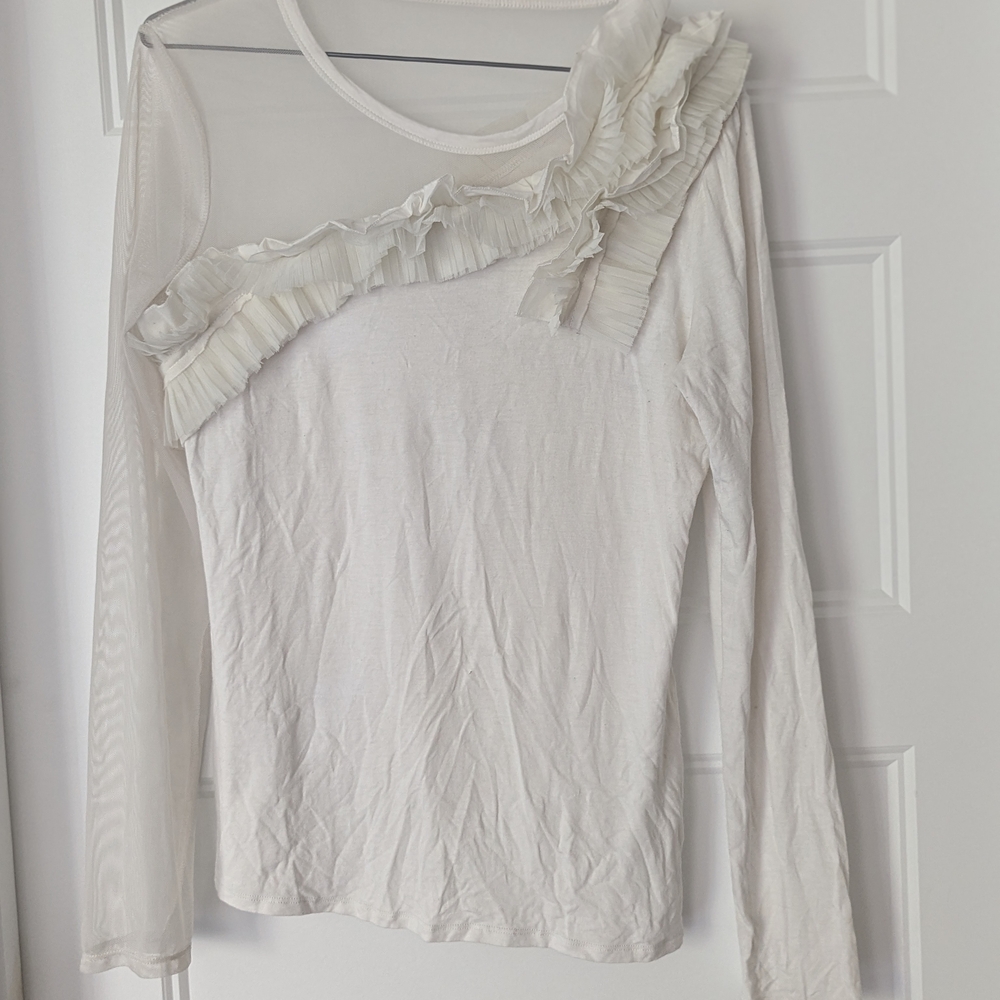 BCBGMaxAzria White Asymmetrical Ruffled Blouse L
